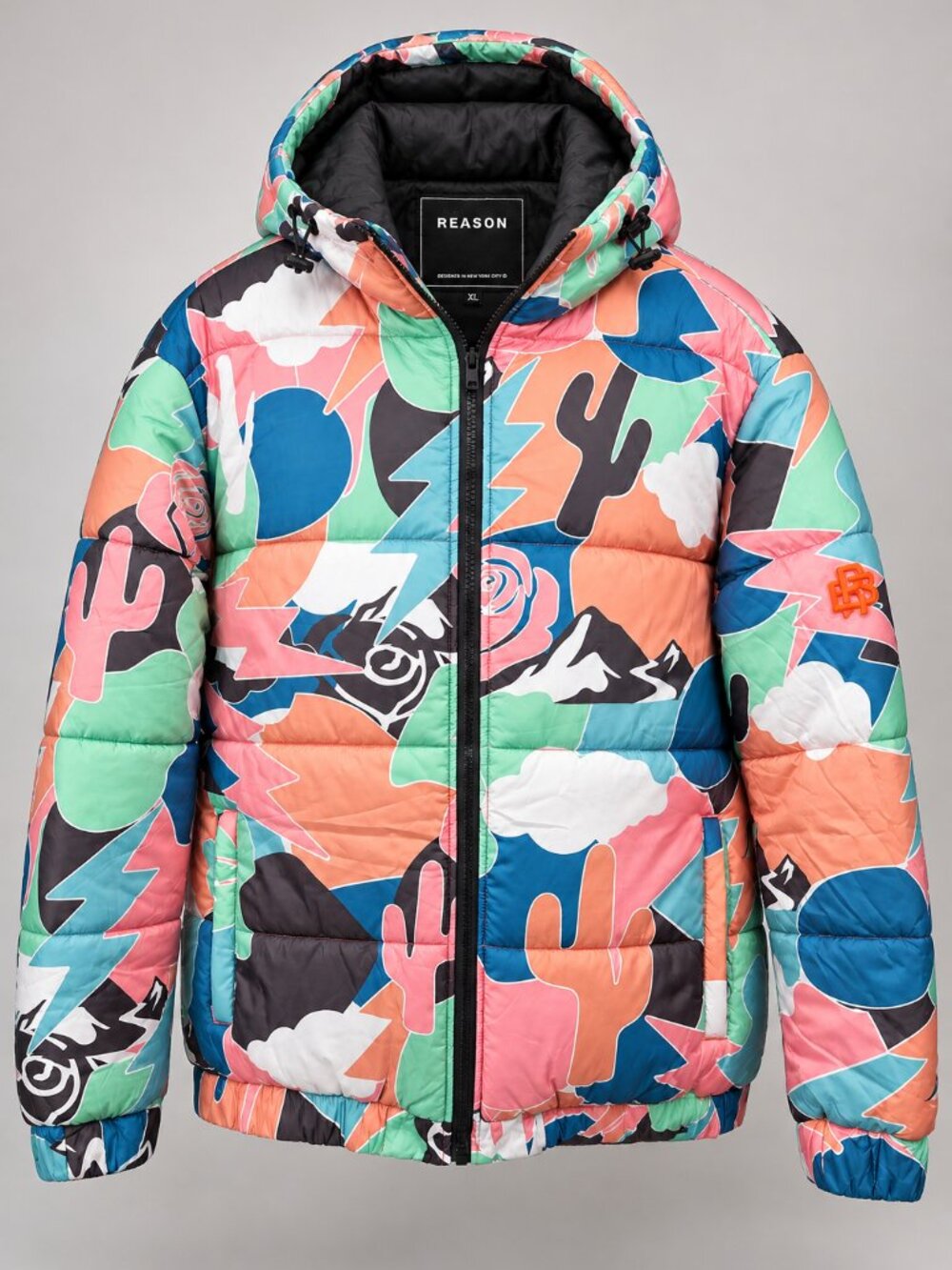 Reason Men’s Multicolor Graphic Hooded Puffer Jacket – Size XL